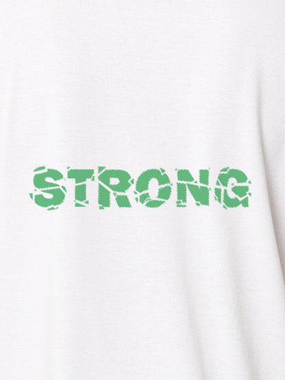 Close up of 'Strong' design on Men's White Polo T-shirt, highlighting intricate details and vibrant print.