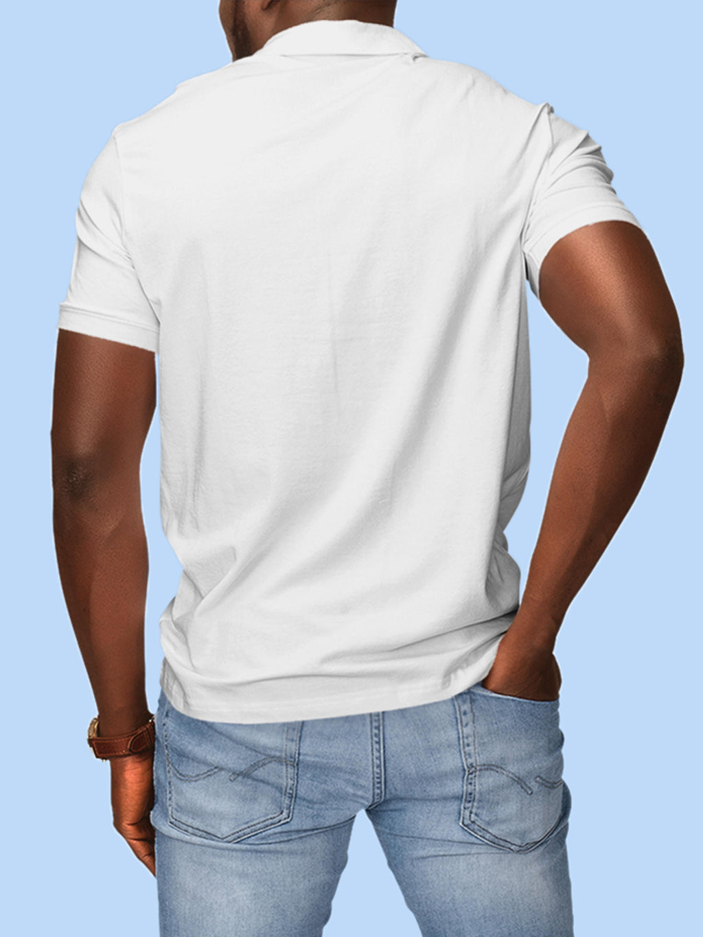 Back view of Fighterhero Men's White Polo T-shirt, highlighting the modern look and clean finish