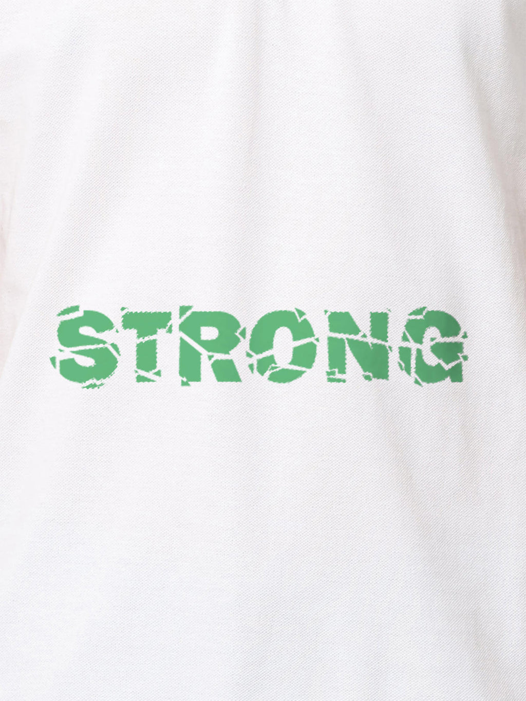 Close up of 'Strong' design on Women's White Polo T-shirt, highlighting intricate details and vibrant print.