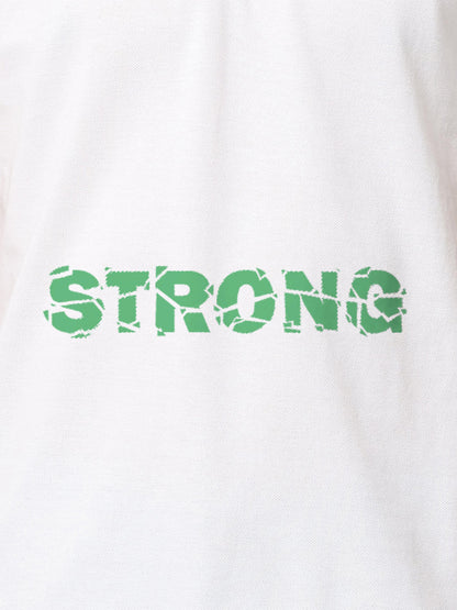 Close up of 'Strong' design on Women's White Polo T-shirt, highlighting intricate details and vibrant print.