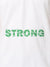 Close up of 'Strong' design on Women's White Polo T-shirt, highlighting intricate details and vibrant print.