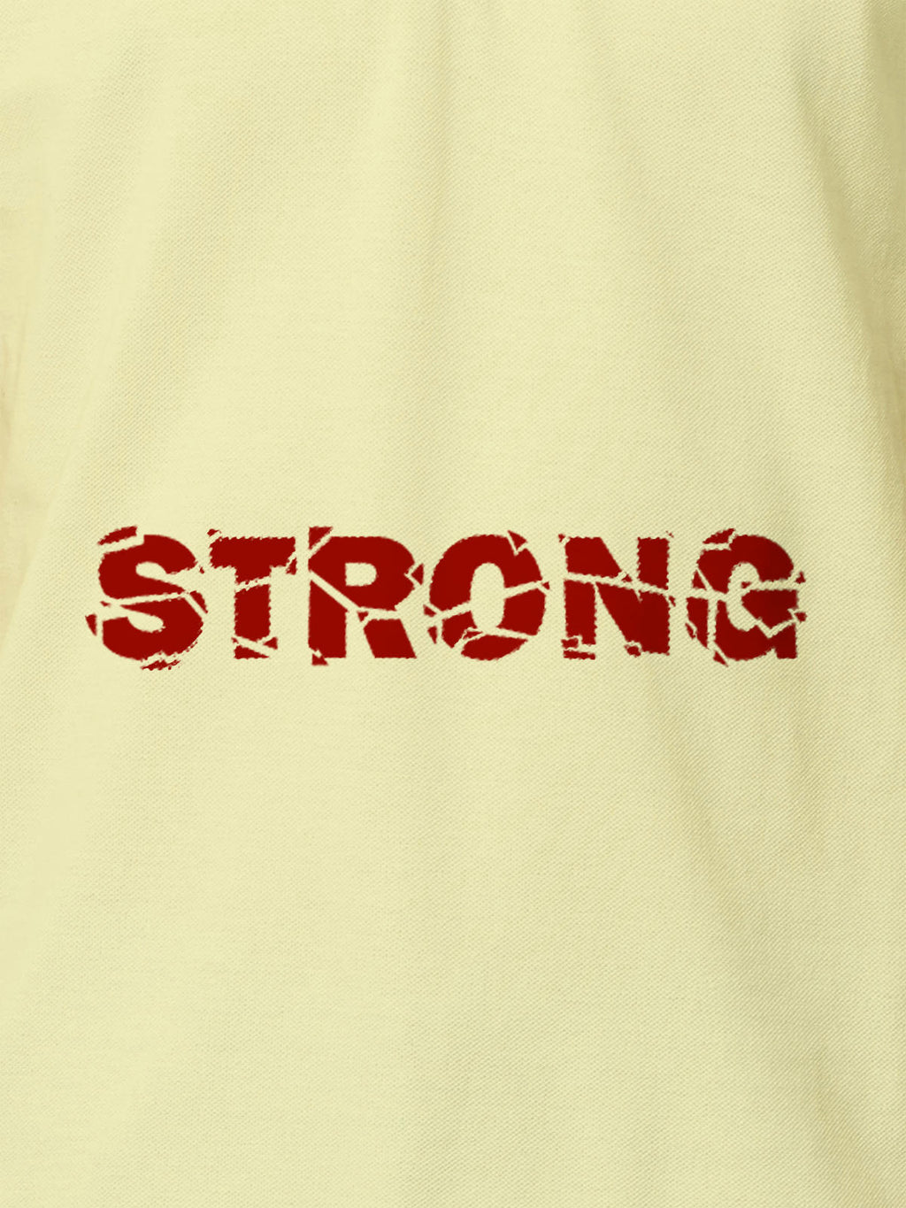 Close up of 'Strong' design on Women's Yellow Polo T-shirt, highlighting intricate details and vibrant print.