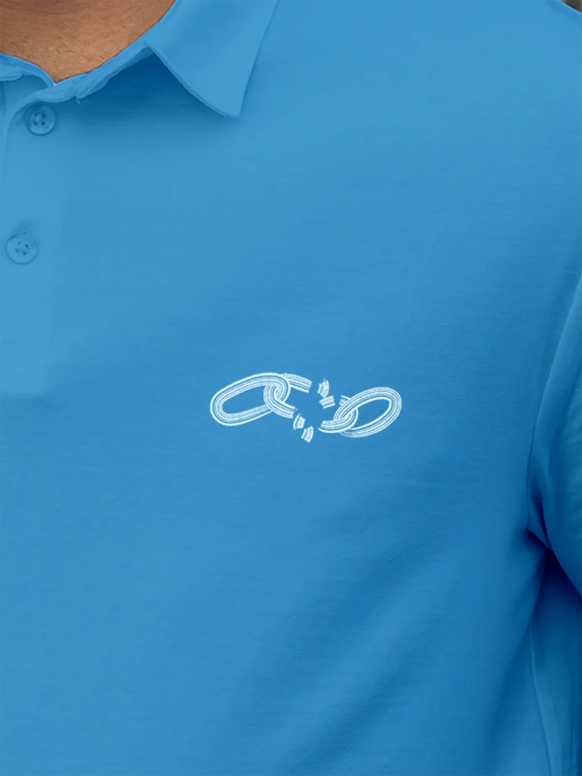 Close up of 'Boundless' design on Men's Blue Collar T-shirt, highlighting intricate details and vibrant print.