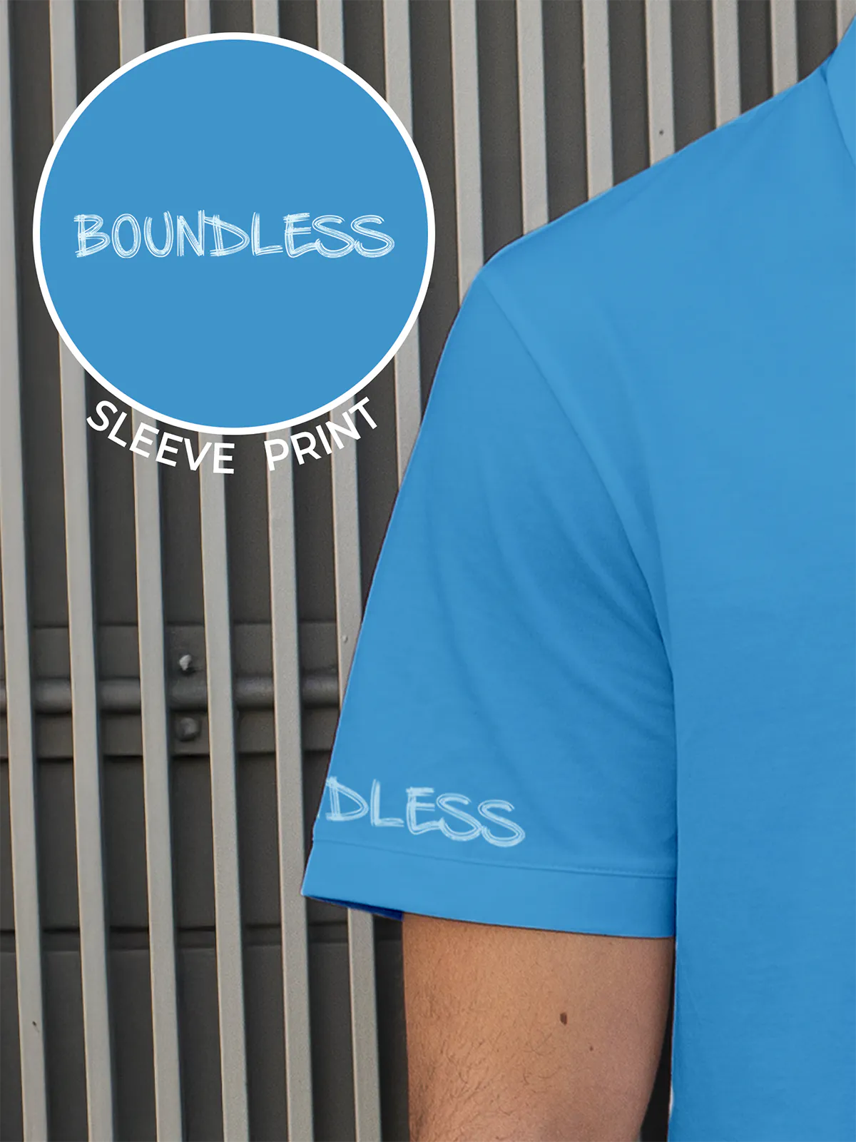 Close up of Sleeve Print on Men's Blue Polo T-shirt, highlighting the modern design, vibrant colors and clean finish