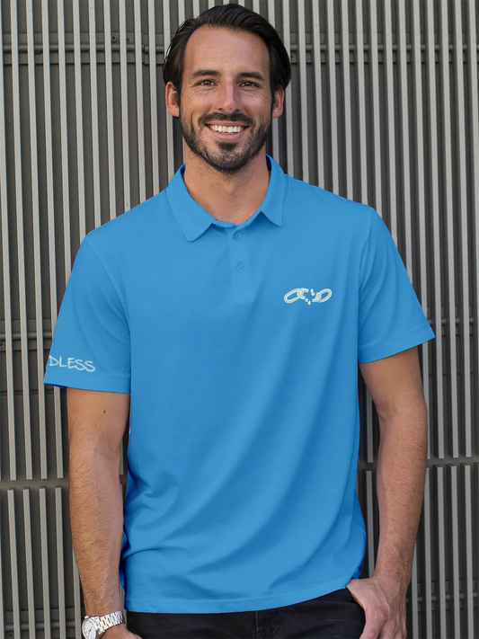 Fighterhero Polos: Model wearing Men's Blue Polo T-shirt with 'Boundless' design