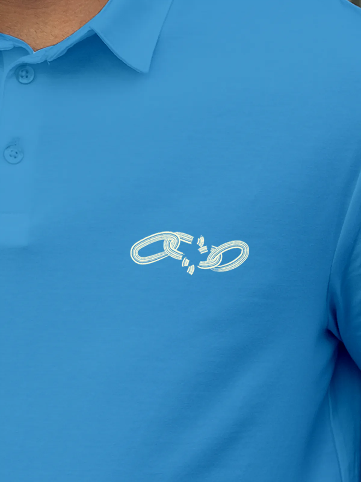 Close up of 'Boundless' design on Men's Blue Collar T-shirt, highlighting intricate details and vibrant print.