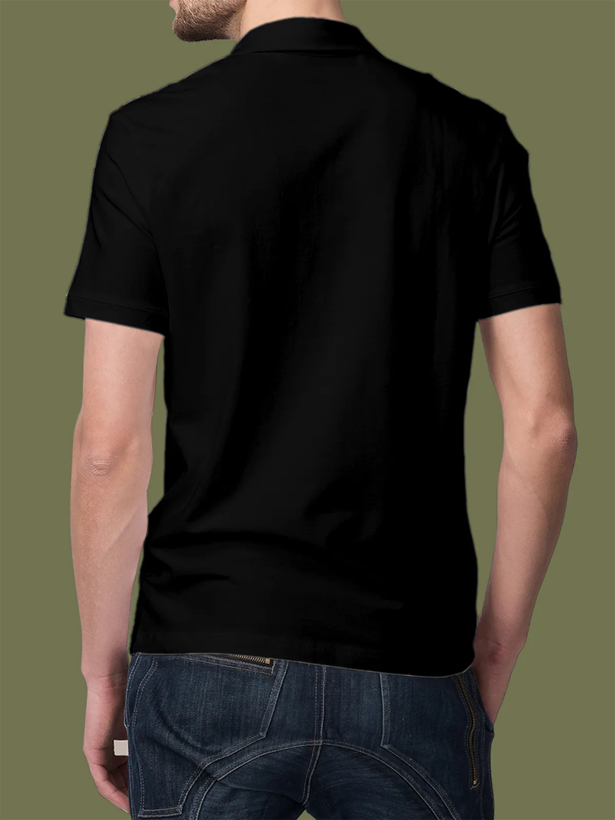 Back view of Fighterhero Men's Black Polo T-shirt, highlighting the modern look and clean finish