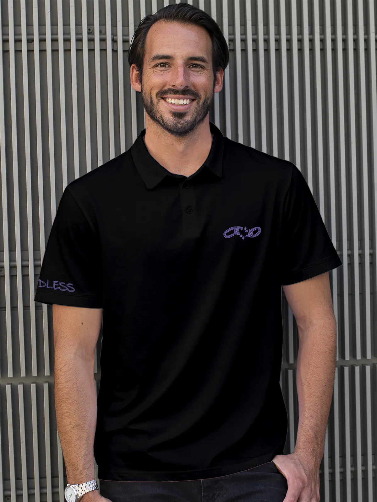 Model wearing Men's Black Collar T-shirt with a broken chain design on the chest and 'Boundless' text on the sleeve.
