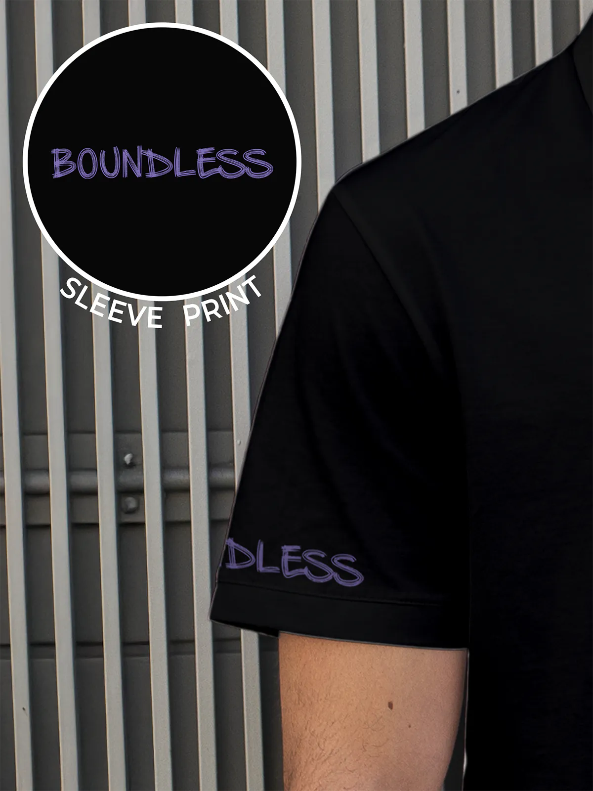 Close up of Sleeve Print on Men's Black Polo T-shirt, highlighting the modern design, vibrant colors and clean finish