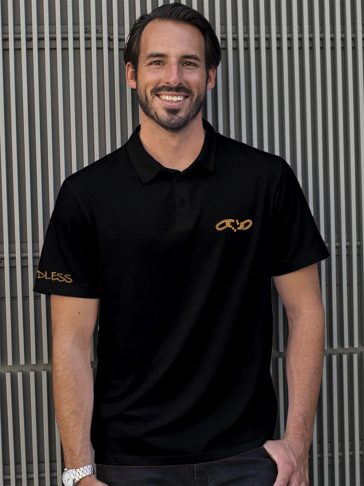 Fighterhero Polos: Model wearing Men's Black Polo T-shirt with 'Boundless' design