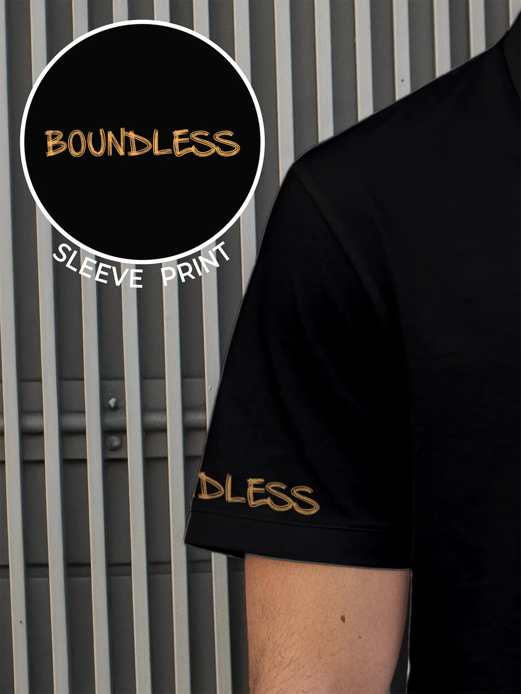 Close up of 'Boundless' print on the sleeve of Men's Black Collar T-shirt, highlighting the vibrant print.