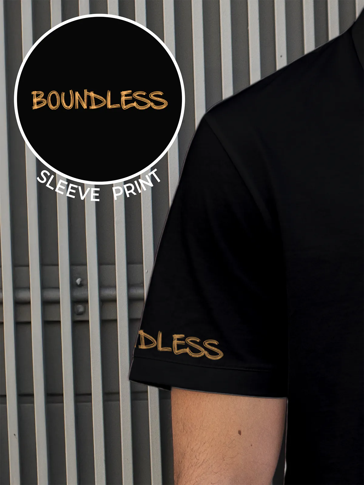 Close up of Sleeve Print on Men's Black Polo T-shirt, highlighting the modern design, vibrant colors and clean finish