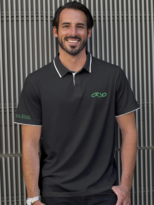 Fighterhero Polos: Model wearing Men's Dark Grey Polo T-shirt with 'Boundless' design