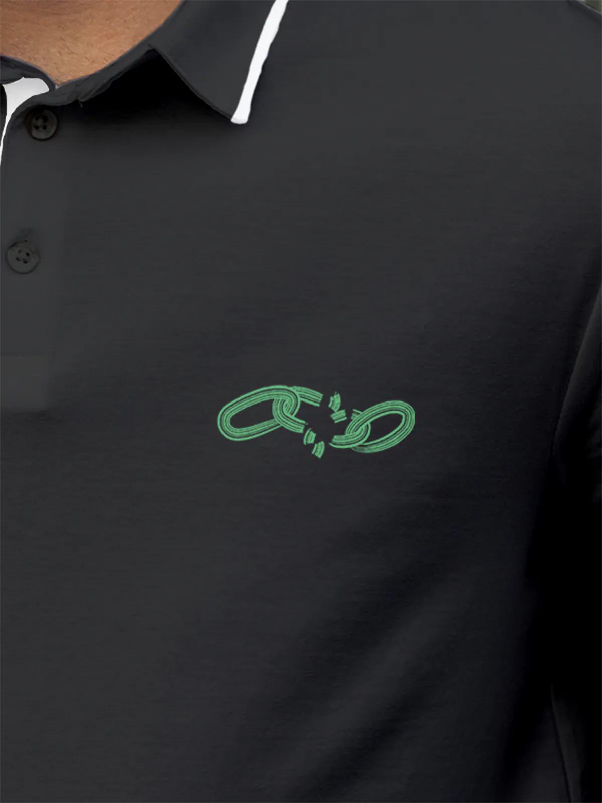 Close up of 'Boundless' design on Men's Dark Grey Collar T-shirt, highlighting intricate details and vibrant print.