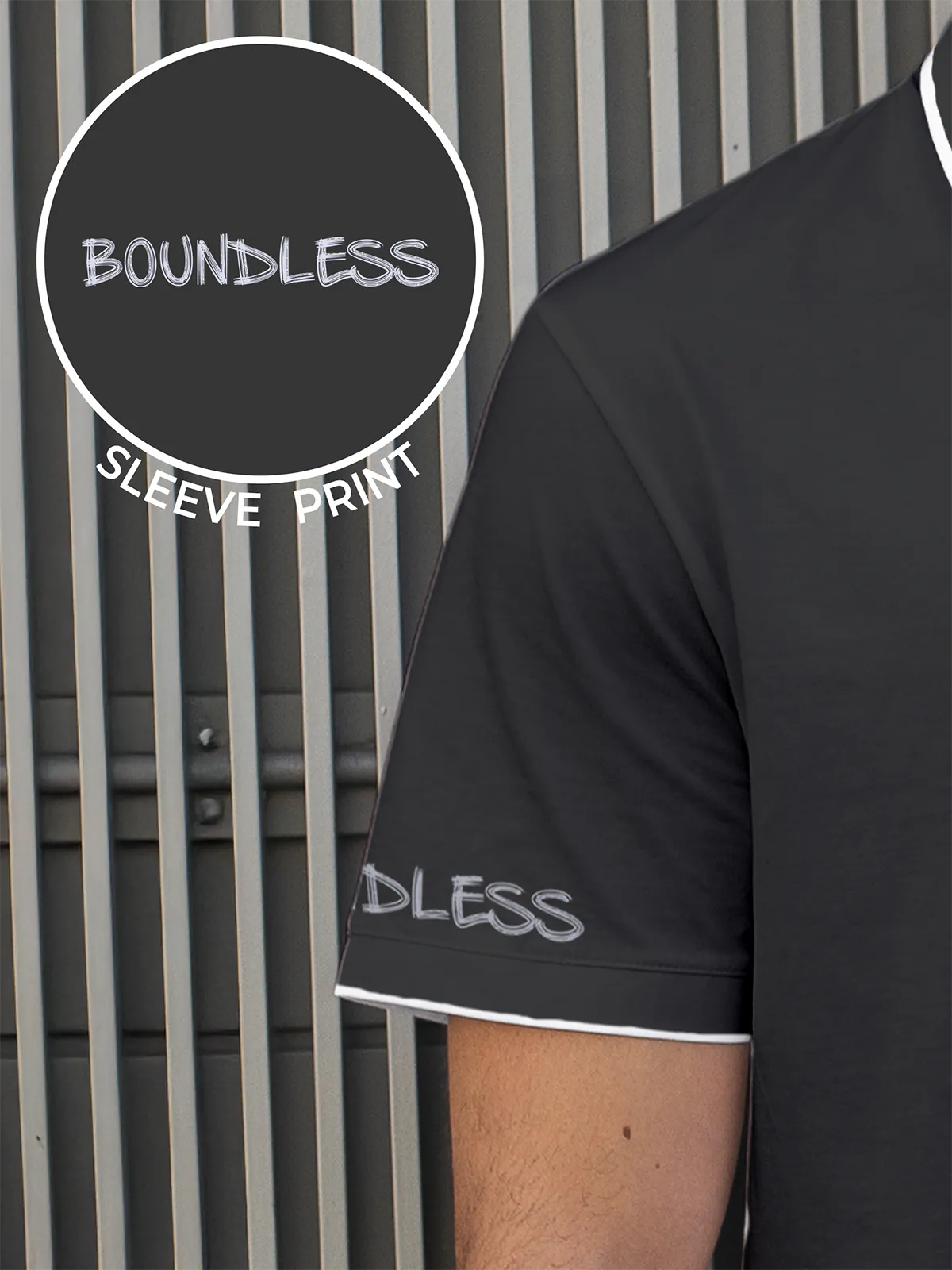 Close up of Sleeve Print on Men's Dark Grey Polo T-shirt, highlighting the modern design, vibrant colors and clean finish