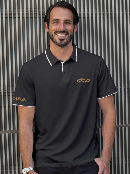 Model wearing Men's Dark Grey Polo T-shirt with 'Boundless' design, offering effortless style and premium comfort
