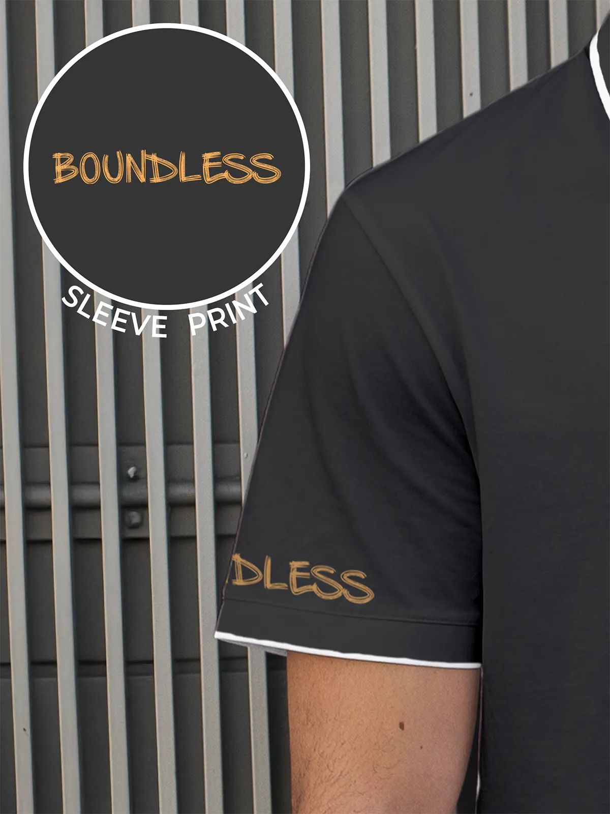 Close up of Sleeve Print on Men's Dark Grey Polo T-shirt, highlighting the modern design, vibrant colors and clean finish