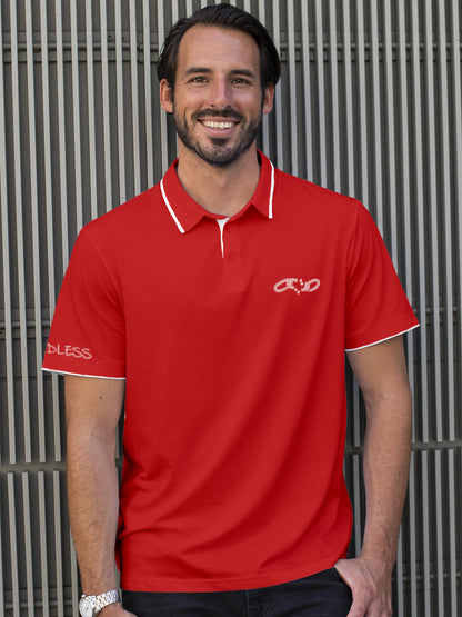 Model wearing Men's Red Polo T-shirt with 'Boundless' design, offering effortless style and premium comfort