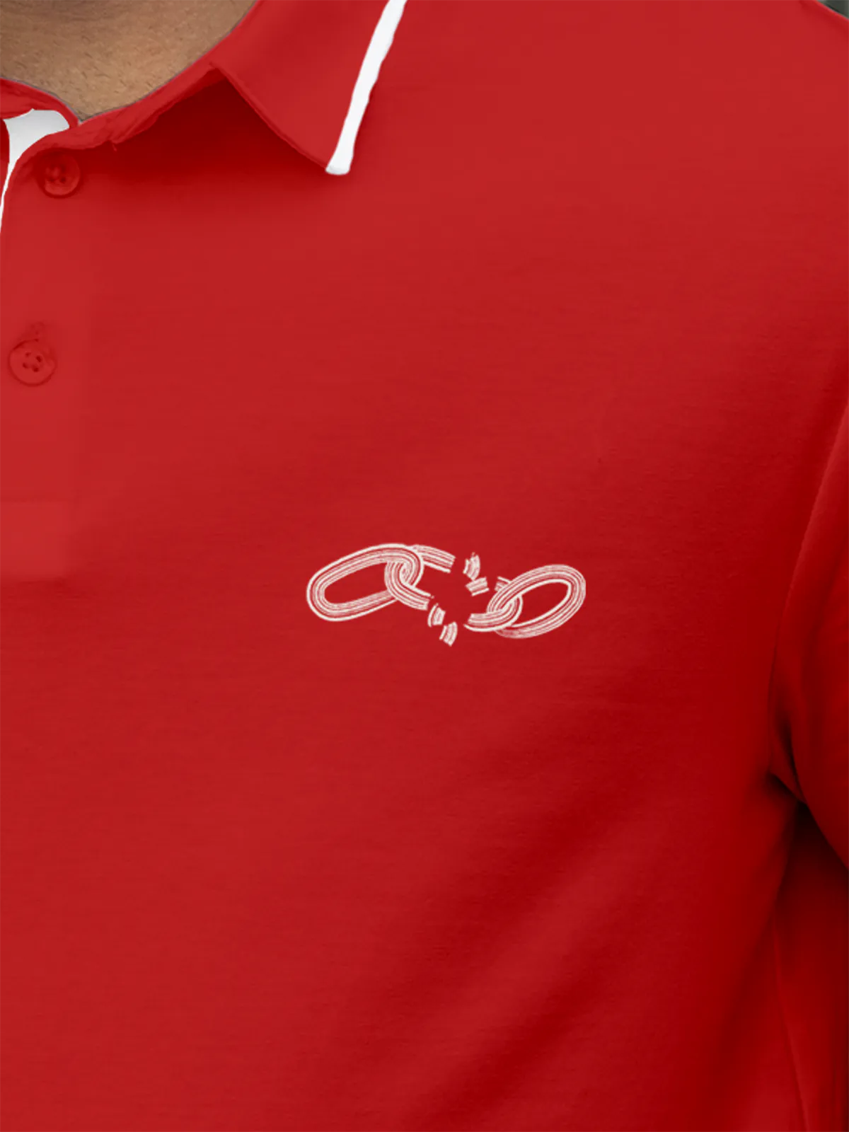 Close up of 'Boundless' design on Men's Red Collar T-shirt, highlighting intricate details and vibrant print.