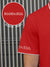 Close up of 'Boundless' print on the sleeve of Men's Red Collar T-shirt, highlighting the vibrant print.