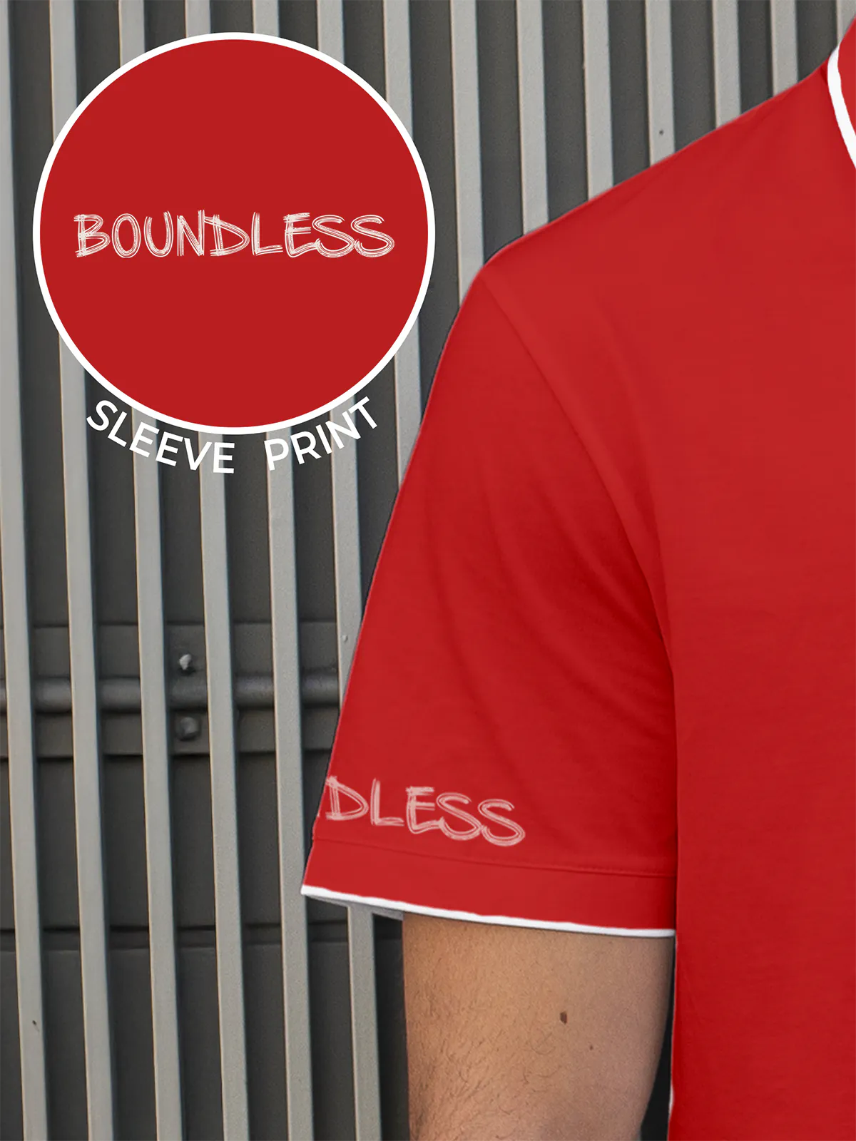 Close up of Sleeve Print on Men's Red Polo T-shirt, highlighting the modern design, vibrant colors and clean finish