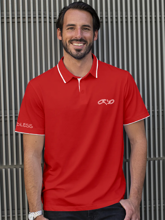 Fighterhero Polos: Model wearing Men's Red Polo T-shirt with 'Boundless' design