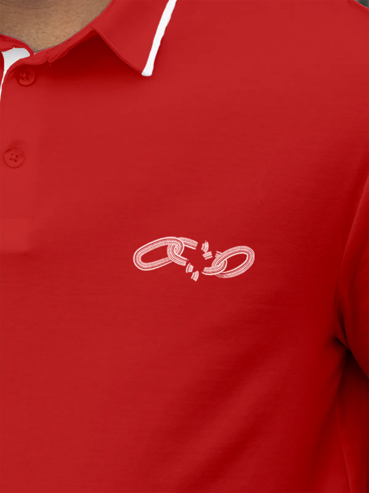Close up of 'Boundless' design on Men's Red Collar T-shirt, highlighting intricate details and vibrant print.