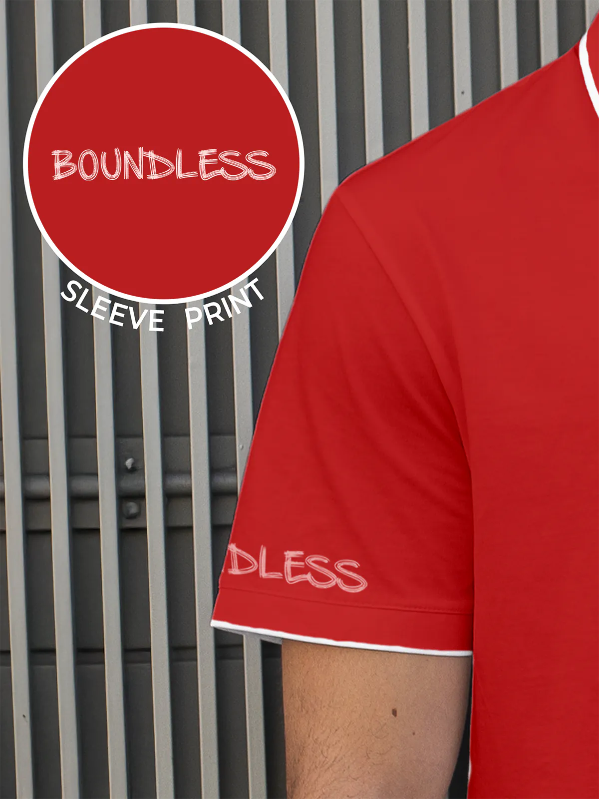 Close up of Sleeve Print on Men's Red Polo T-shirt, highlighting the modern design, vibrant colors and clean finish