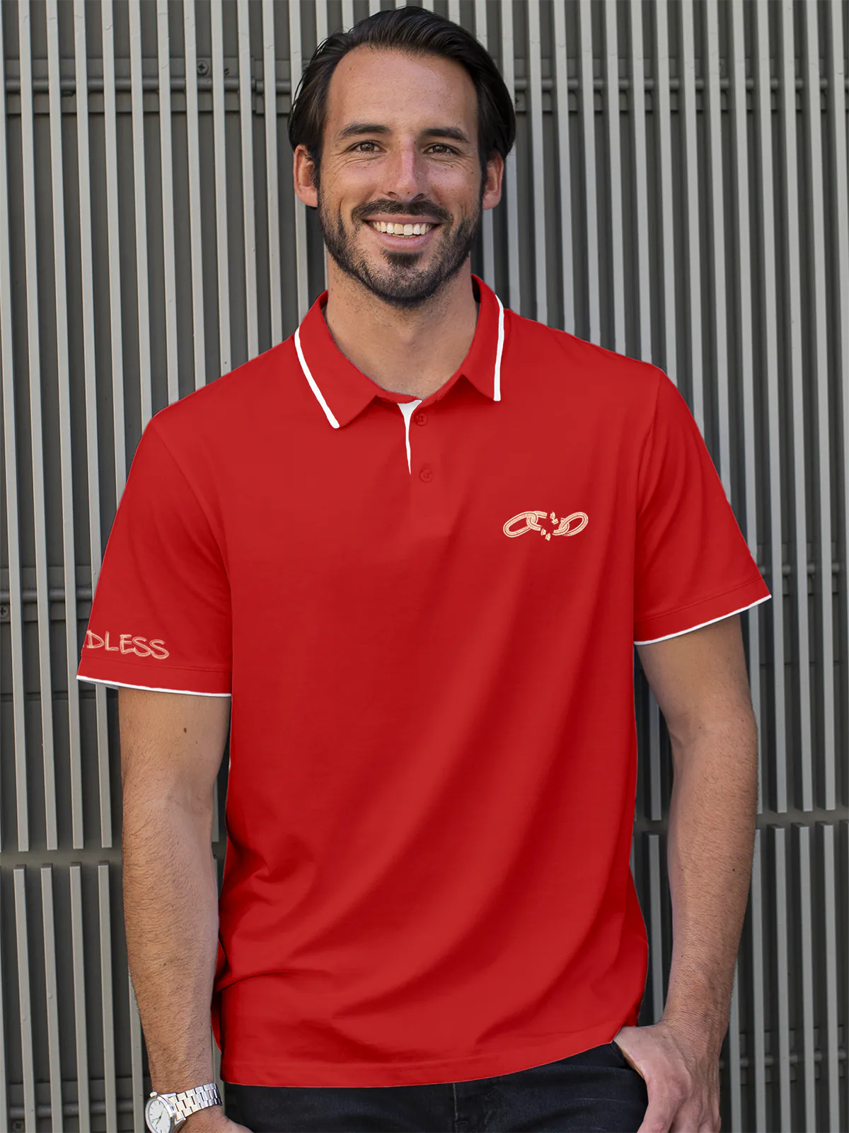 Model wearing Men's Red Collar T-shirt with a broken chain design on the chest and 'Boundless' text on the sleeve.
