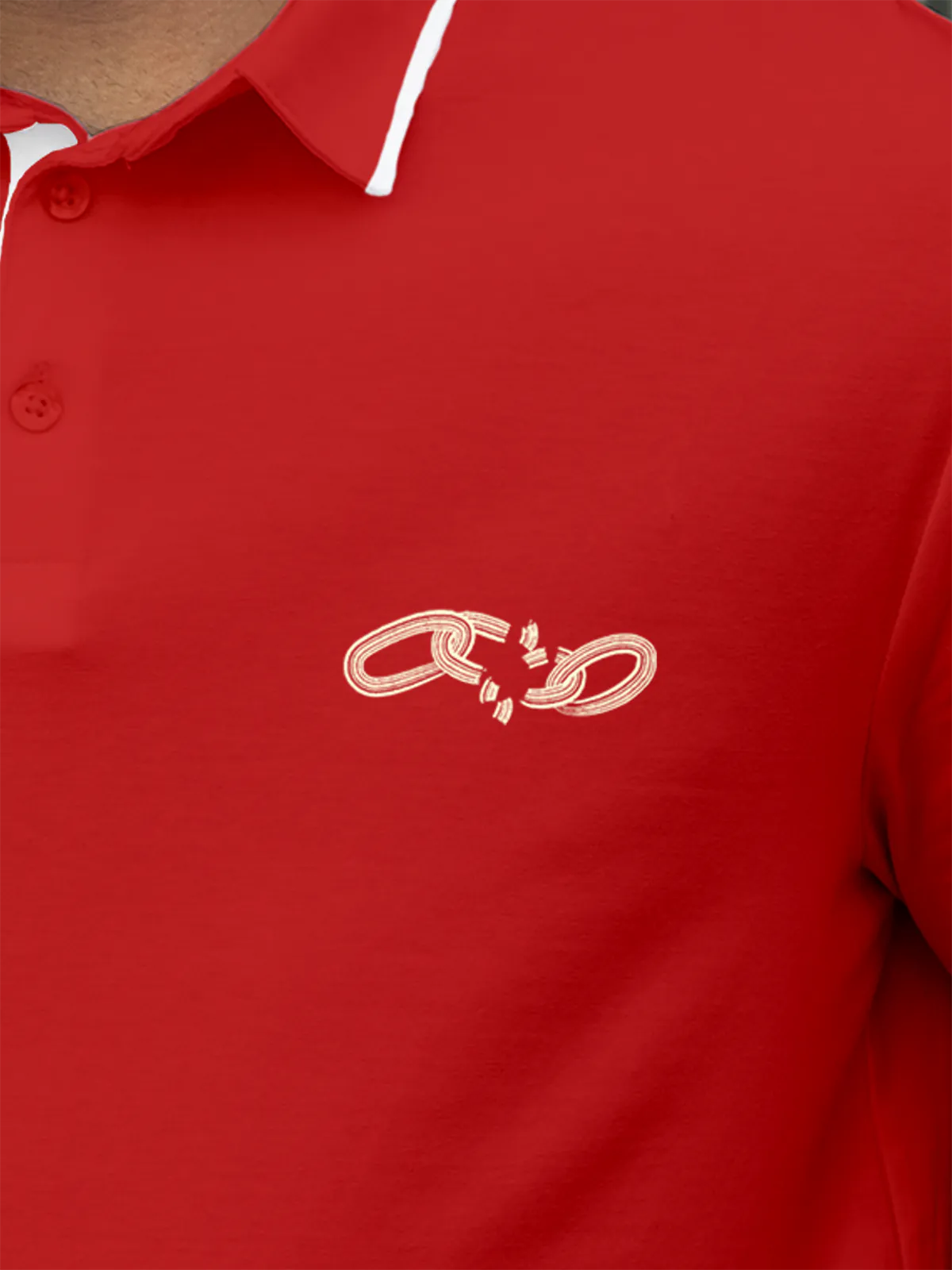 Close up of 'Boundless' design on Men's Red Collar T-shirt, highlighting intricate details and vibrant print.