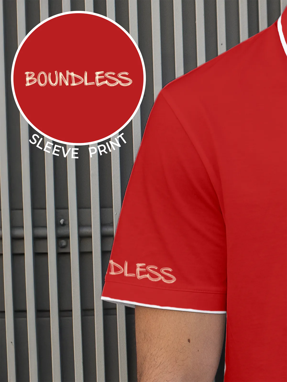 Close up of Sleeve Print on Men's Red Polo T-shirt, highlighting the modern design, vibrant colors and clean finish