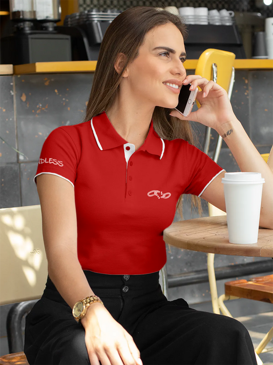 Fighterhero Polos: Model wearing Women's Red Polo T-shirt with 'Boundless' design