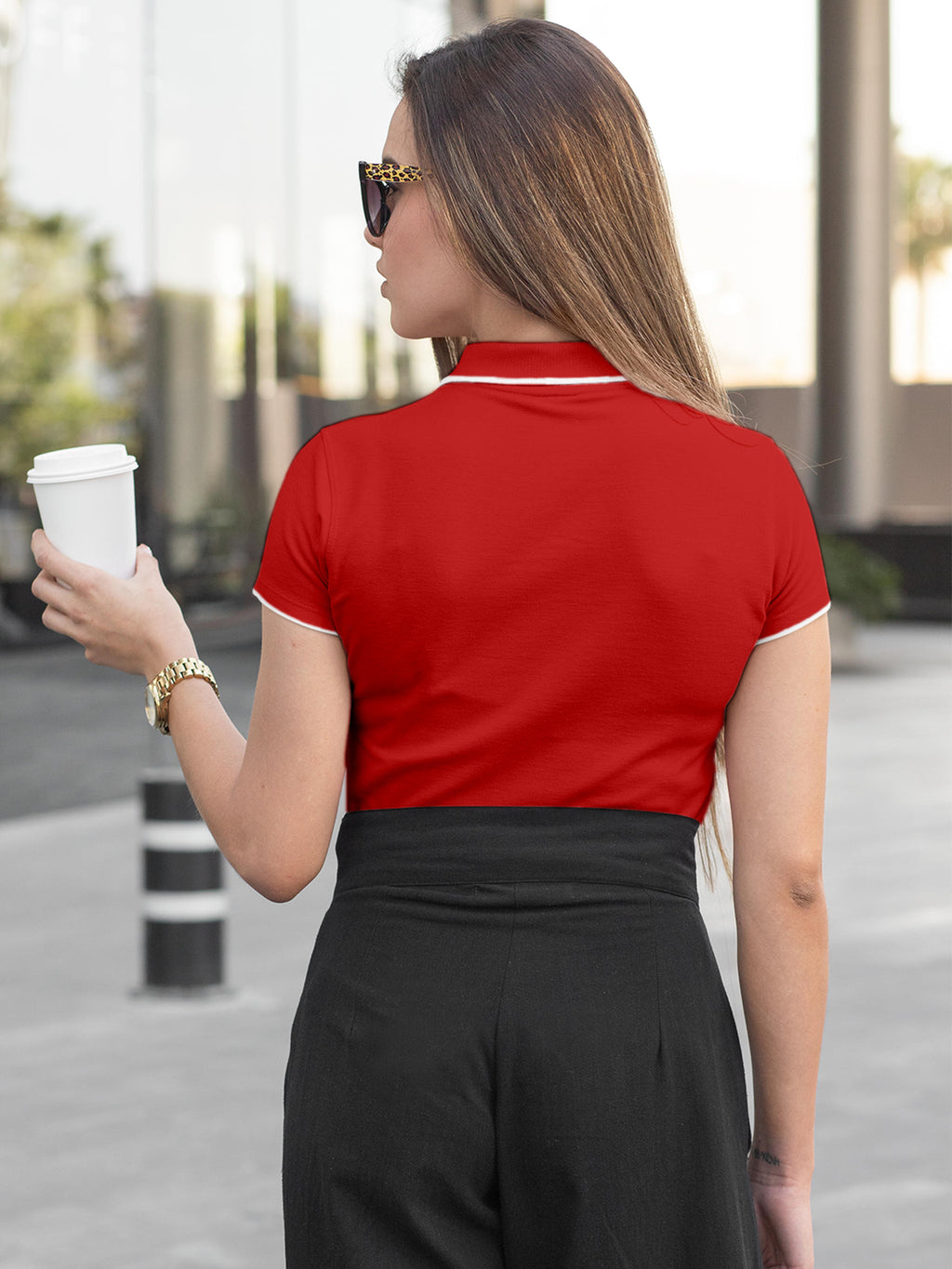 Back view of Fighterhero Women's Red Polo T-shirt with 'Boundless' design, highlighting the modern look and clean finish