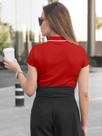 Back view of Fighterhero Women's Red Polo T-shirt with 'Boundless' design, highlighting the modern look and clean finish