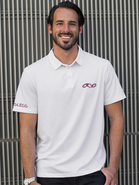 Fighterhero Polos: Model wearing Men's White Polo T-shirt with 'Boundless' design