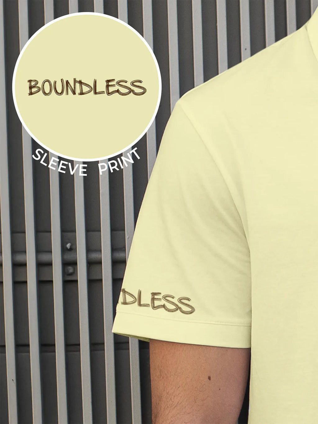Close up of 'Boundless' print on the sleeve of Men's Yellow Collar T-shirt, highlighting the vibrant print.