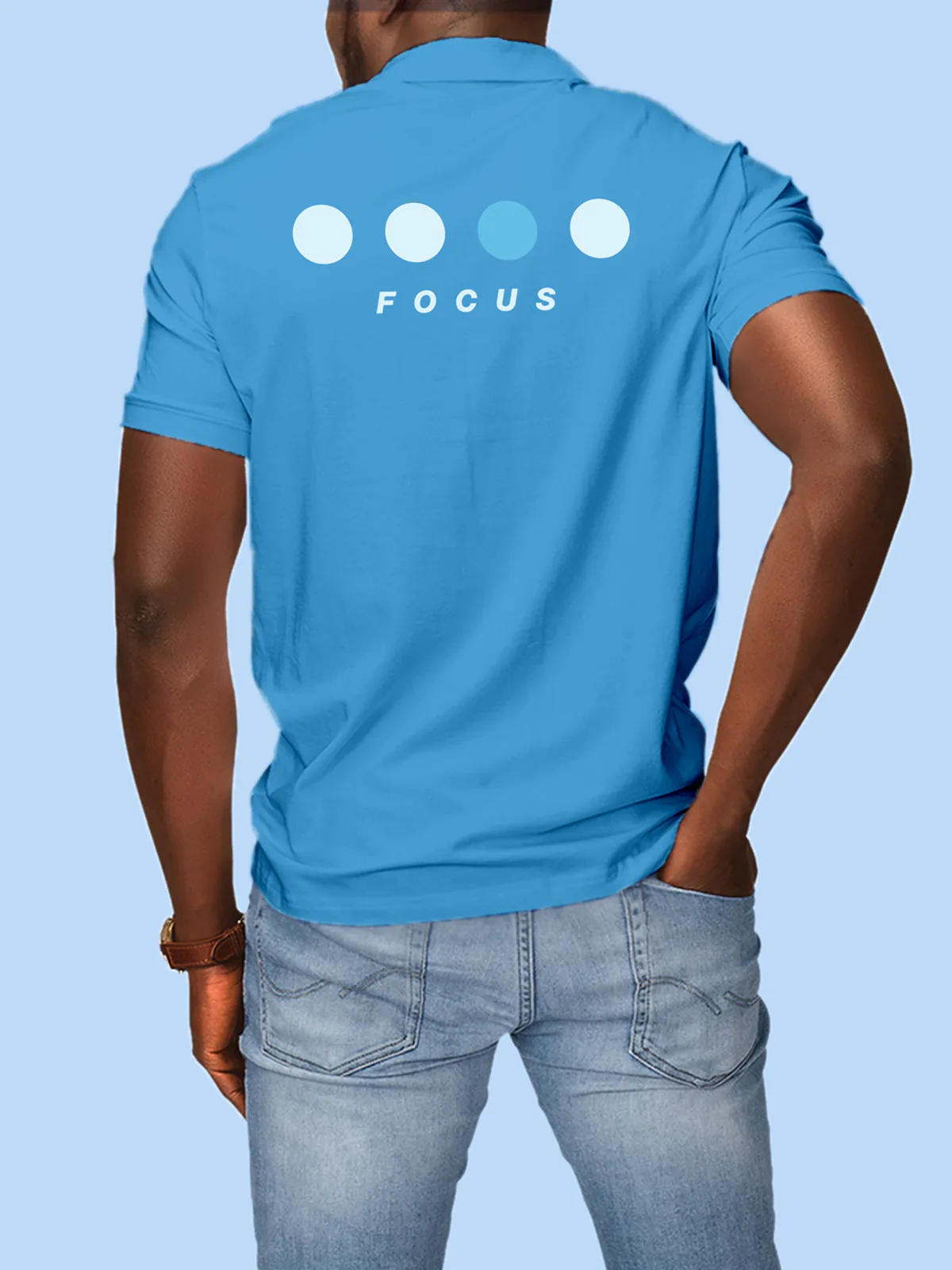 Model wearing Men's Blue Collar T-shirt with 'Focus' design printed at the back.