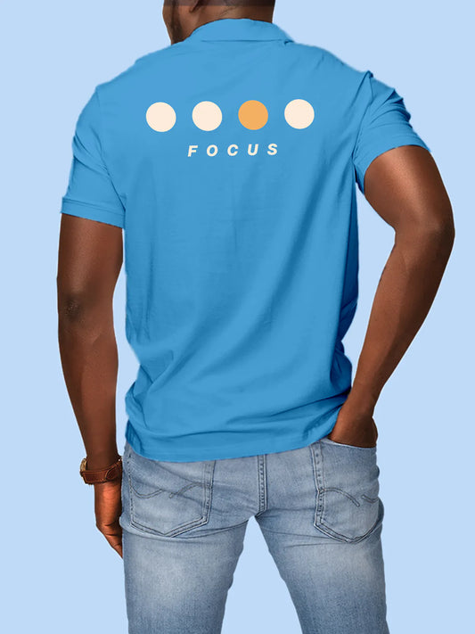 Fighterhero Polos: Model wearing Men's Blue Polo T-shirt with 'Focus' design