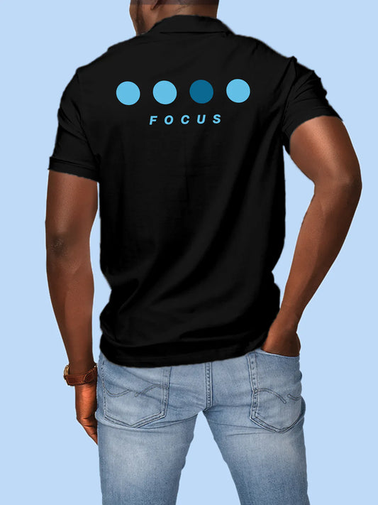 Fighterhero Polos: Model wearing Men's Black Polo T-shirt with 'Focus' design