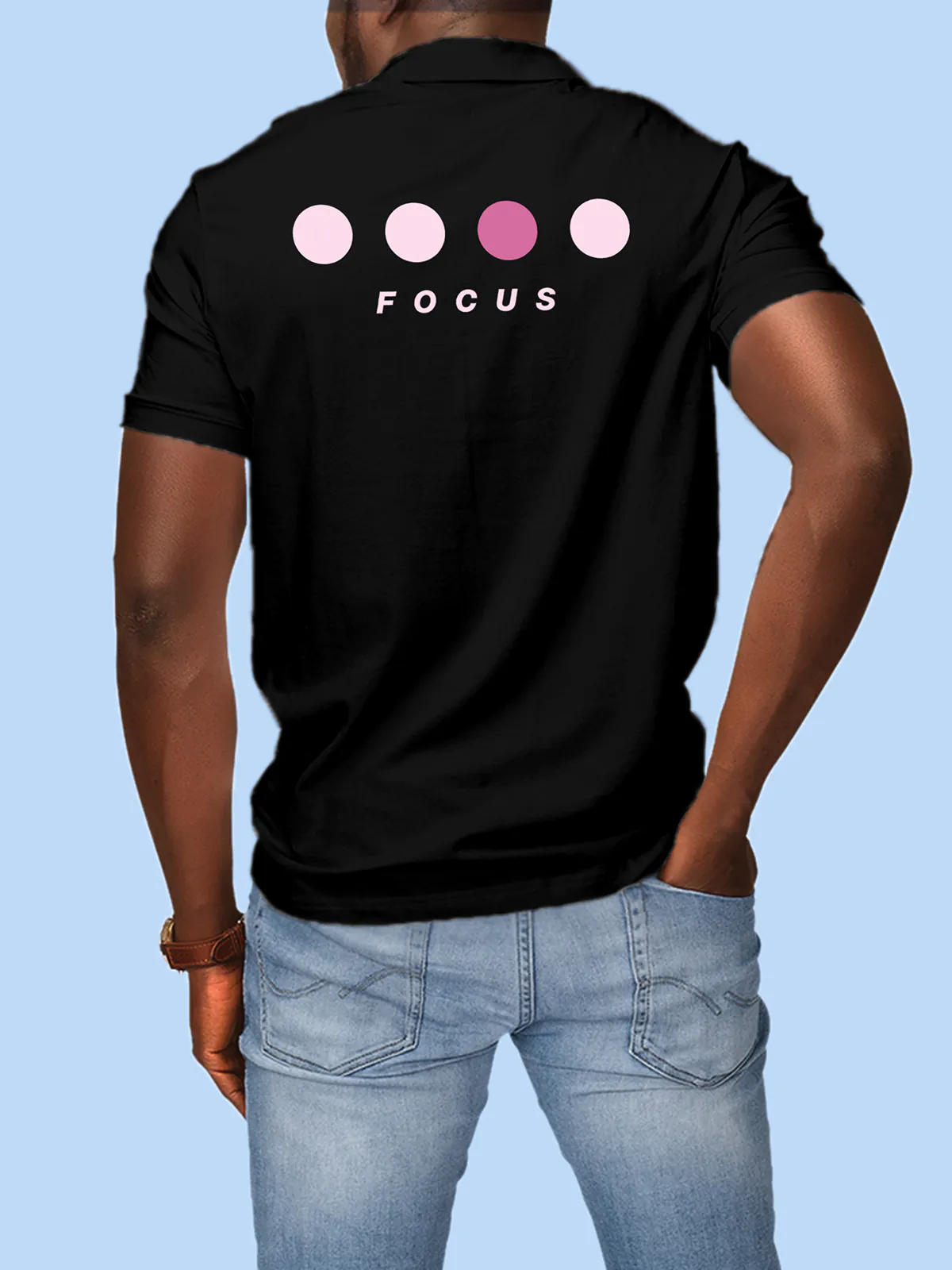 Model wearing Men's Black Collar T-shirt with 'Focus' design printed at the back.