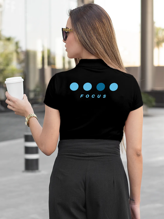 Fighterhero Polos: Model wearing Women's Black Polo T-shirt with 'Focus' design