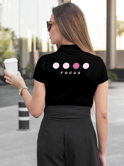 Model wearing Women's Black Collar T-shirt with 'Focus' design printed at the back.