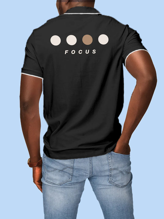 Fighterhero Polos: Model wearing Men's Dark Grey Polo T-shirt with 'Focus' design