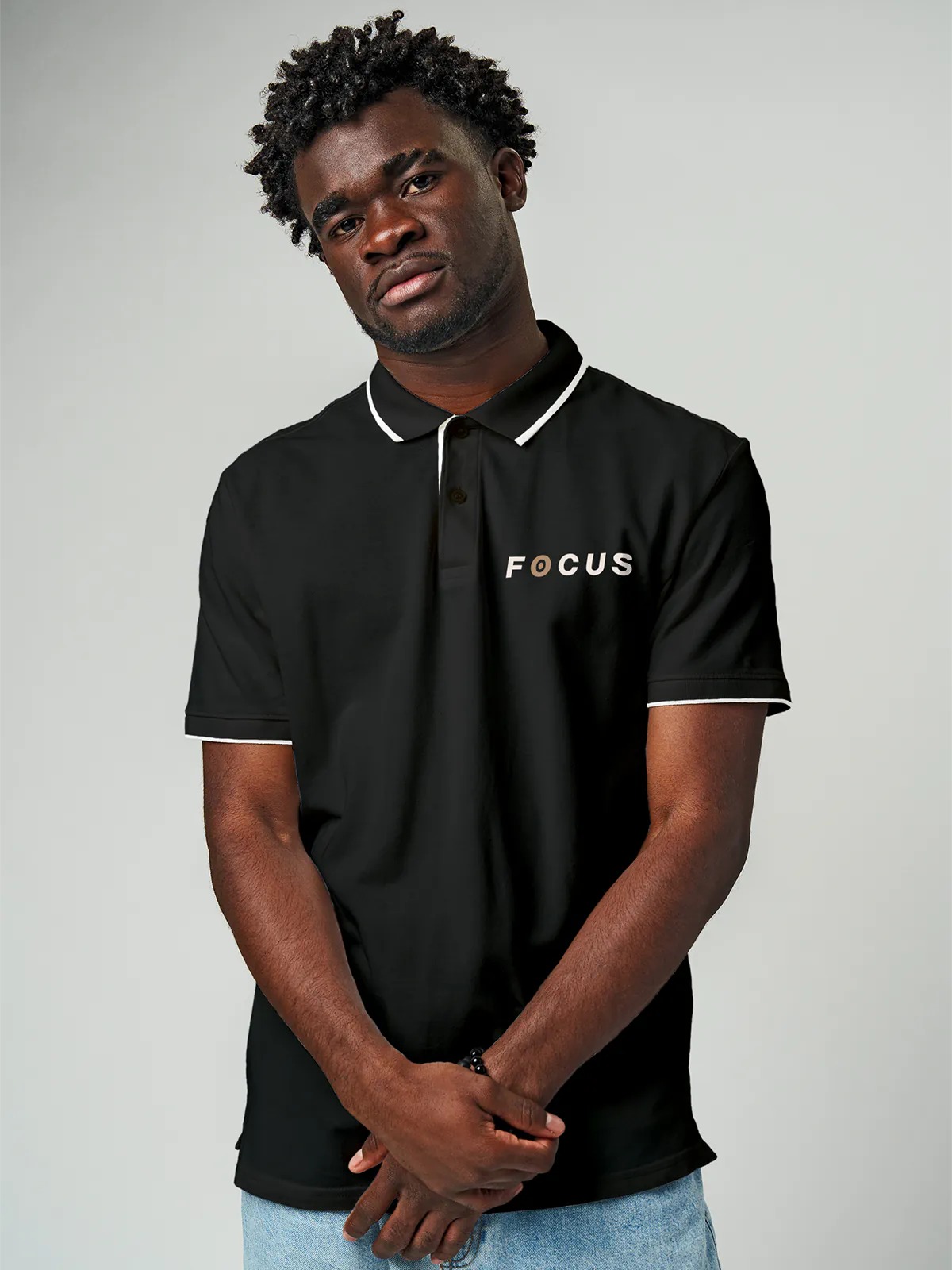 Front view of Fighterhero Men's Dark Grey Collar T-shirt, highlighting the 'Focus' print design on the chest.