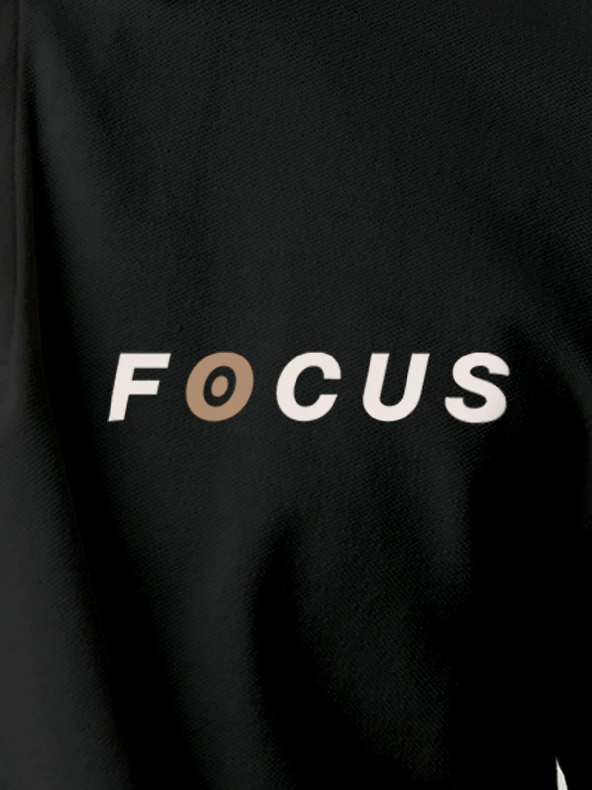 Close up of 'Focus' design on Men's Dark Grey Collar T-shirt, highlighting intricate details and vibrant print.