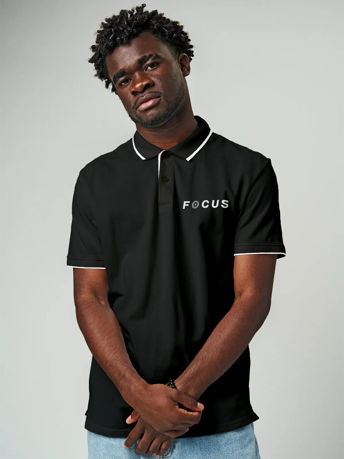 Front view of Fighterhero Men's Dark Grey Collar T-shirt, highlighting the 'Focus' print design on the chest.