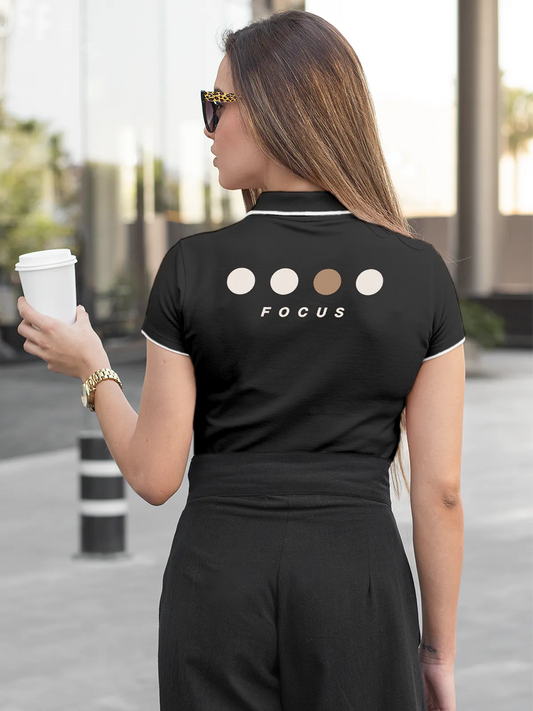 Fighterhero Polos: Model wearing Women's Dark Grey Polo T-shirt with 'Focus' design