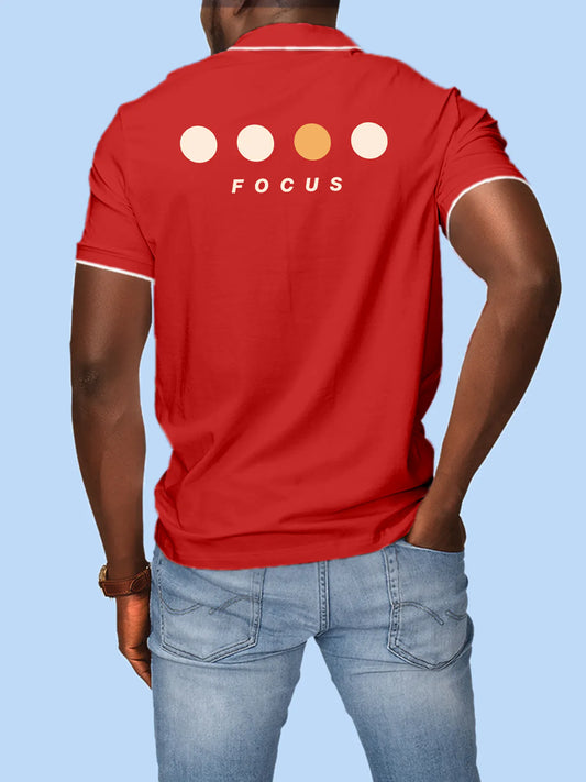 Fighterhero Polos: Model wearing Men's Red Polo T-shirt with 'Focus' design