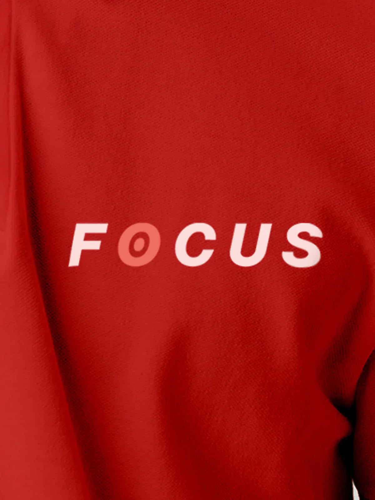 Close up of 'Focus' design on Men's Red Collar T-shirt, highlighting intricate details and vibrant print.