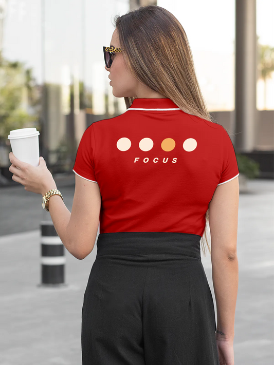 Fighterhero Polos: Model wearing Women's Red Polo T-shirt with 'Focus' design